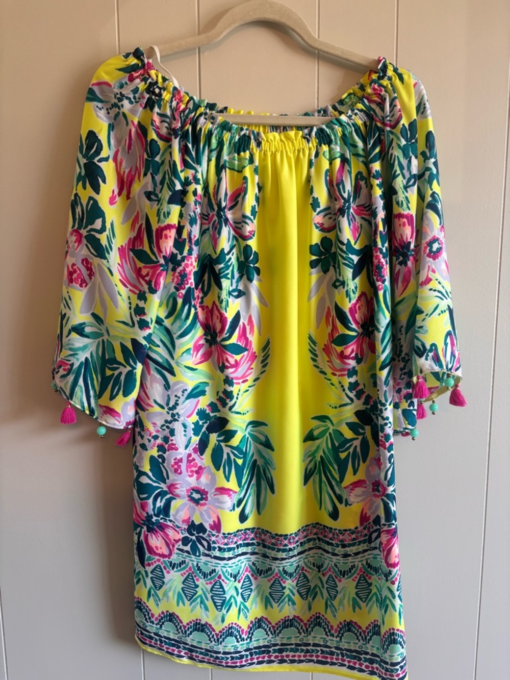 Lilly Pulitzer Yellow Floral Off-Shoulder Top with Teal and Pink Accents
